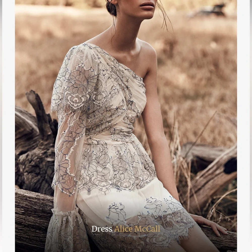 ALICE MCCALL || Isn’t She Lovely Blue and Cream Lace One Shoulder Mini Dress 2